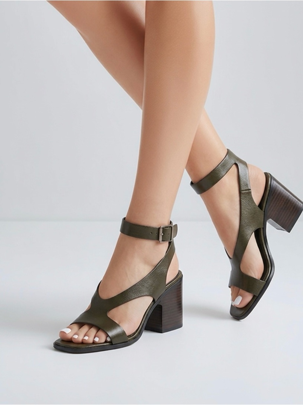 Zara Polyurethane Women Sz 41 dark khaki green mid height Block Heel Sandals.